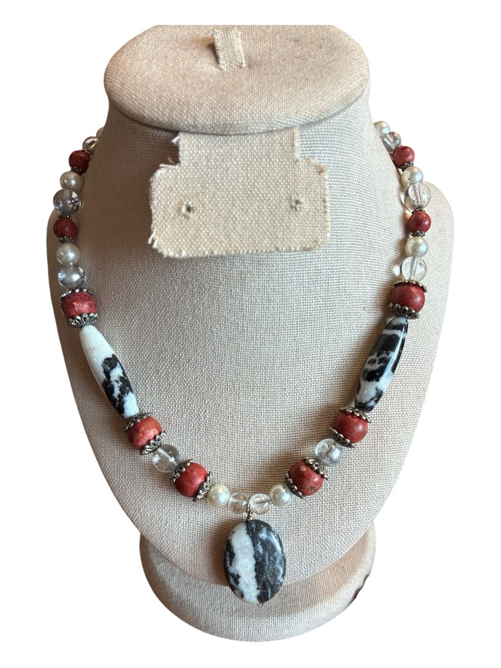 Black & White Jasper Pendant Necklace with Coral Accent